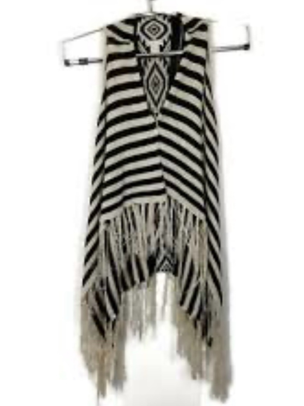 It’s Our Time Black and Cream Chevron Striped Fringe Vest Southwestern Style